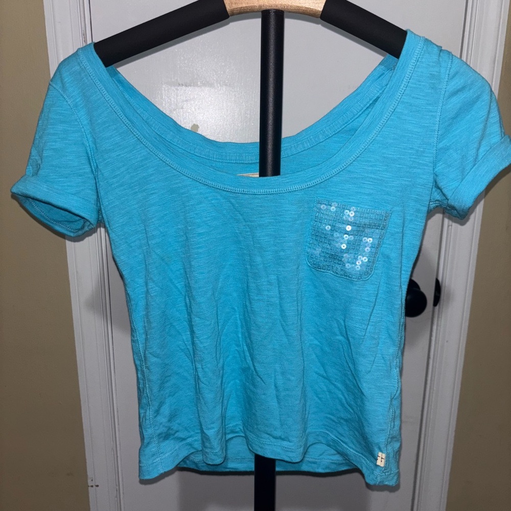 Hollister Turquoise Sequin Pocket Cropped Tee